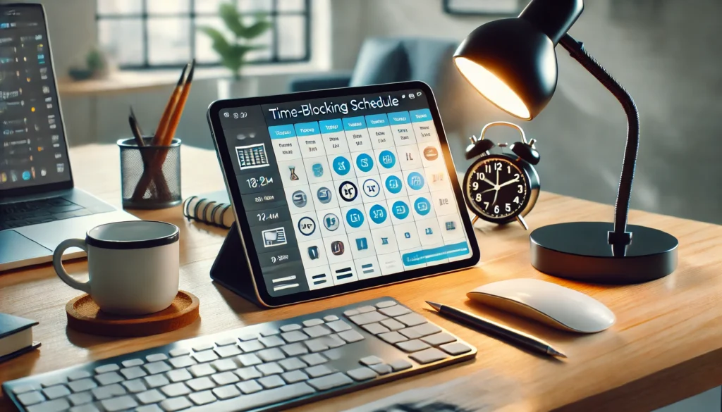A sleek digital workspace featuring a tablet with a time-blocking app, a wireless keyboard, and a modern desk lamp, highlighting productivity and reduced digital distractions.