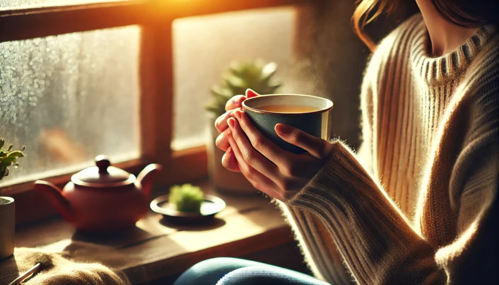 A person savoring a cup of tea, sitting by a window with warm sunlight streaming in. The focus is on the hands gently holding the cup, with a cozy and peaceful ambiance, symbolizing mindful drinking as a daily practice.