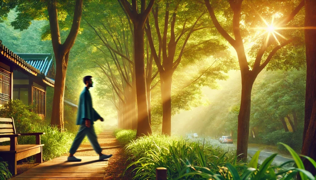 A person taking a mindful walk in a serene park, slowly walking along a tree-lined path. The surroundings are lush and green, with warm sunlight filtering through the leaves, symbolizing mindfulness in daily movement.