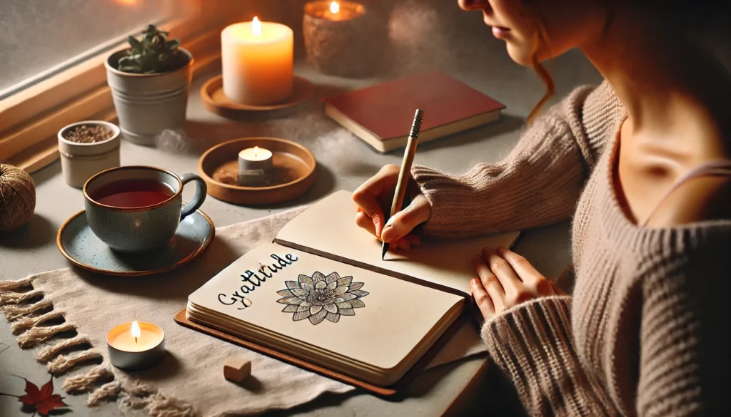 A person practicing gratitude journaling at a cozy desk, writing in a notebook with a peaceful expression. A candle, a cup of tea, and soft lighting enhance the calming atmosphere, symbolizing mindfulness in daily reflection.