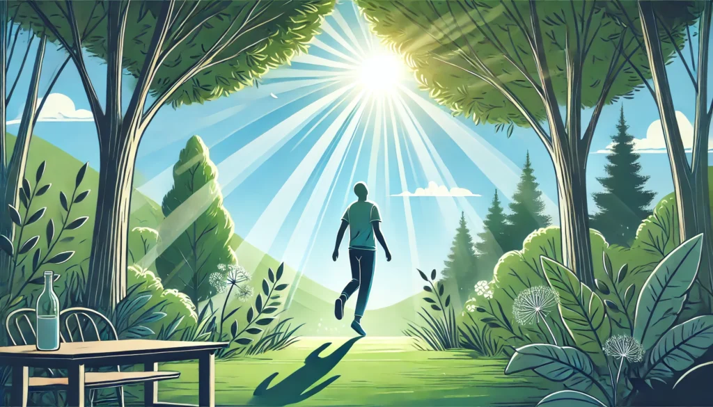 A person stepping outside into nature, taking a deep breath while standing under sunlight. The fresh air, green trees, and open space symbolize quick anxiety relief and grounding techniques.