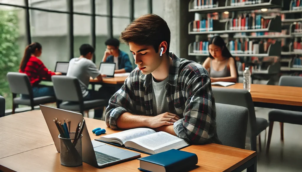 A student studying in a library with minimal distractions. They are sitting at a desk with a laptop and books, wearing earplugs to block noise, while other students study quietly in the background.