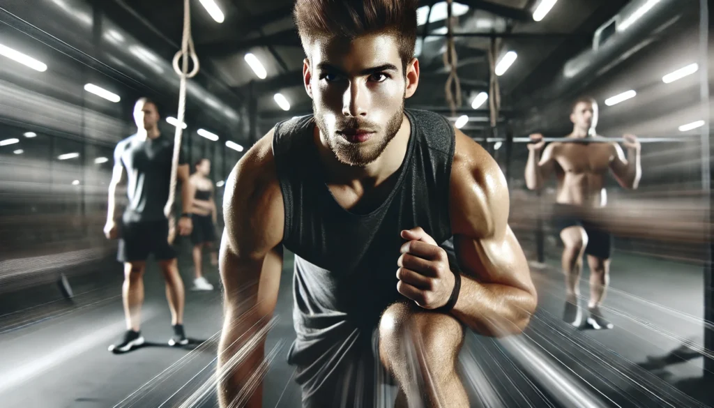 A focused athlete in a gym performing an intense workout, with motion blur fading distractions in the background. The sharp gaze and determination symbolize strong mental focus and productivity in physical training.