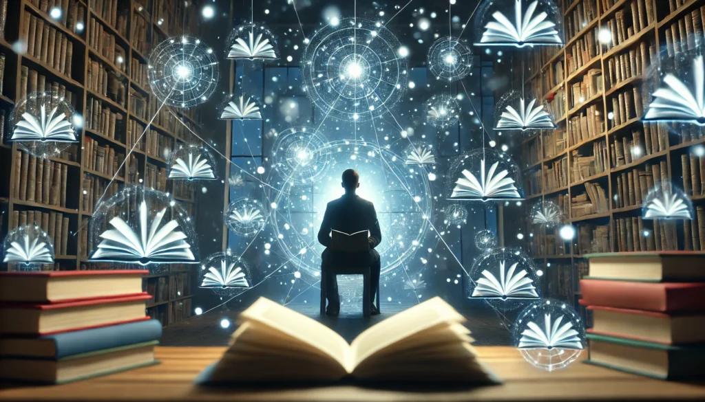 A person sitting in a quiet library, surrounded by floating glowing books, deeply immersed in reading. The calm, distraction-free environment represents enhanced concentration and learning.