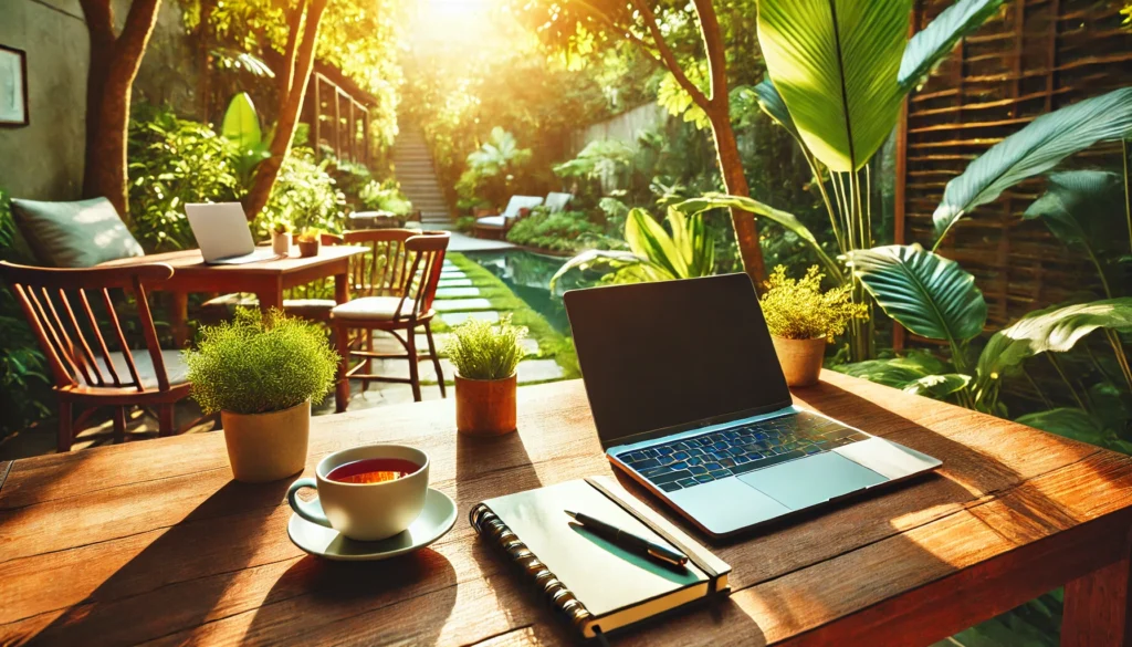 A serene outdoor workspace with a laptop and a notebook placed on a wooden table surrounded by lush greenery and bright sunlight. A steaming cup of tea nearby creates a calming yet productive atmosphere.