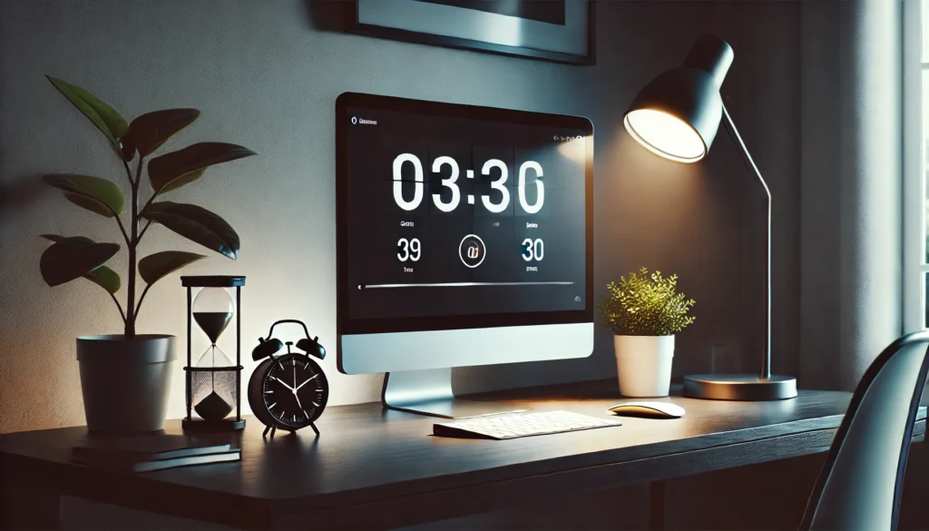 A minimalistic and organized home office desk with a large monitor, a plant, and a timer. The desk is softly illuminated by a modern desk lamp, providing a structured environment for focus and time management.