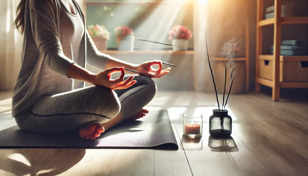 A person practicing mindfulness meditation in a cross-legged position on a yoga mat in a bright and airy room. The soft sunlight, an incense stick, and serene ambiance symbolize mental clarity and focus.