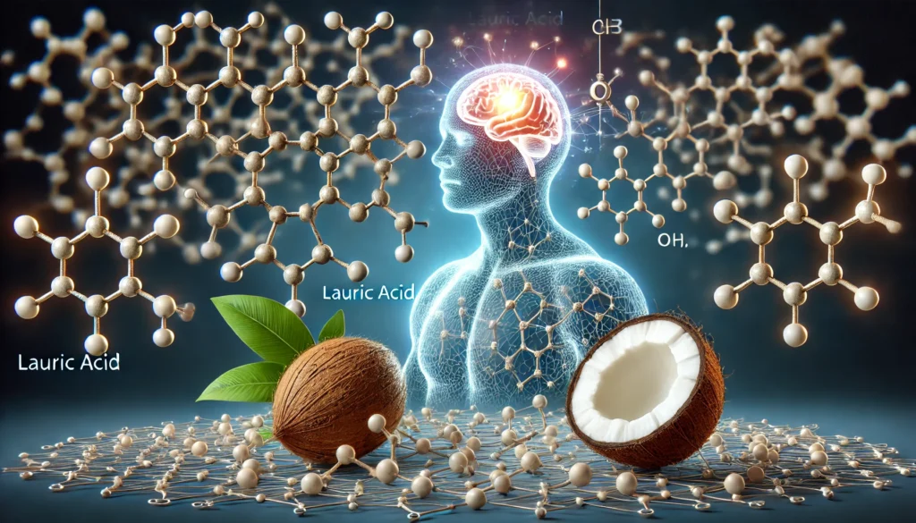 lauric acid, featuring molecular structures intertwined with natural coconut elements for brain health