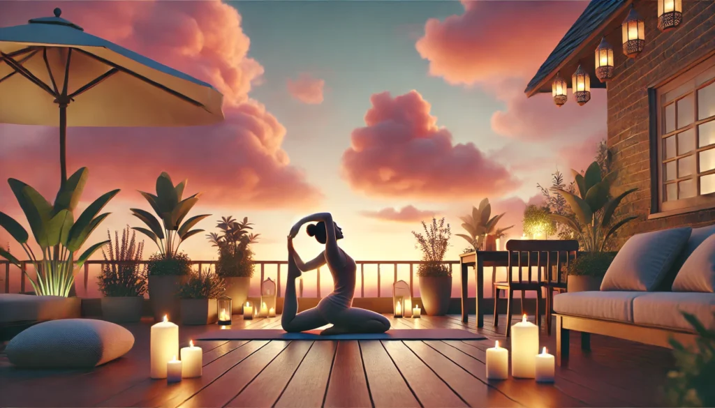 A peaceful evening yoga session on a rooftop with a person stretching into a relaxing pose. The background showcases a soft sunset sky, and the individual is surrounded by candles and plants, emphasizing yoga as an effective stress-relief technique.