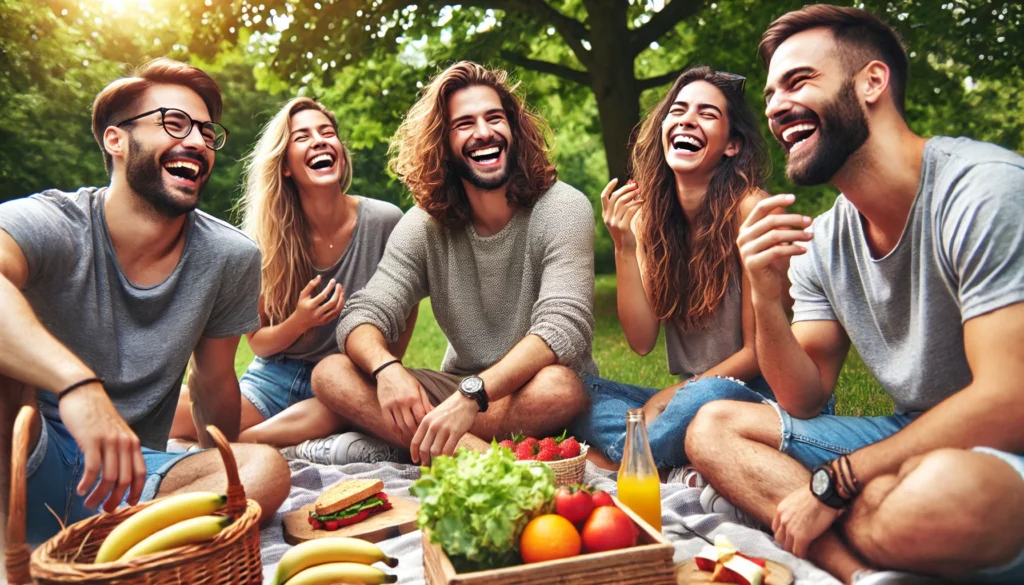 A group of friends laughing and enjoying a mindful outdoor picnic in a park. They are sharing healthy snacks and engaging in conversation, fostering strong social connections as a key lifestyle change to reduce stress.