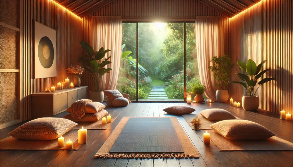 A tranquil indoor meditation space featuring a yoga mat and cushions lit by soft candlelight. Large windows reveal a lush garden outside, creating a warm and inviting atmosphere perfect for deep relaxation.