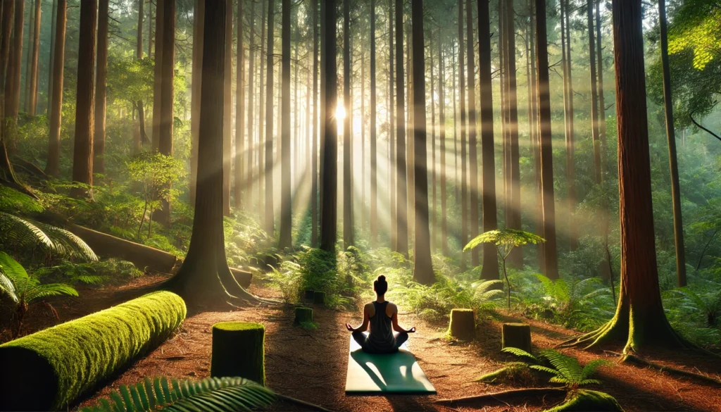 A serene forest setting with a person meditating on a yoga mat under tall trees. Morning light filters through the foliage, casting soft rays and dappled light on the forest floor, emphasizing a connection with nature and peace.