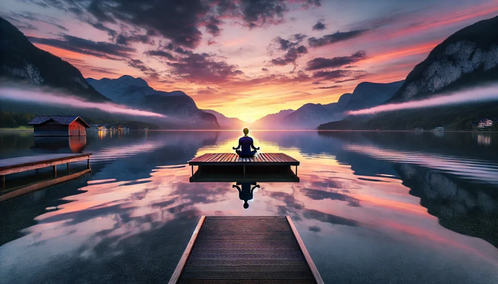 A calm lakeside view with a person meditating on a wooden dock. The surrounding mountains and vibrant sky at dawn are reflected perfectly in the still water, symbolizing serenity and natural beauty for deep relaxation.