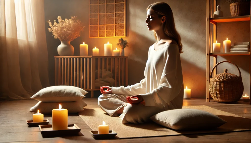 A peaceful indoor meditation space with soft candlelight and cushions arranged for comfort. A person sits in a relaxed posture with hands resting on their knees, eyes closed, practicing deep breathing for stress relief.