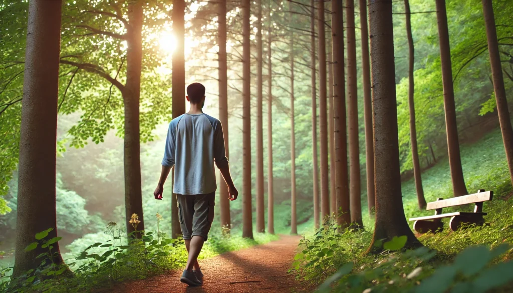 A person practicing mindful walking meditation along a serene forest path. They walk slowly with a focused and relaxed expression, surrounded by tall trees and soft sunlight filtering through the leaves, promoting stress relief.