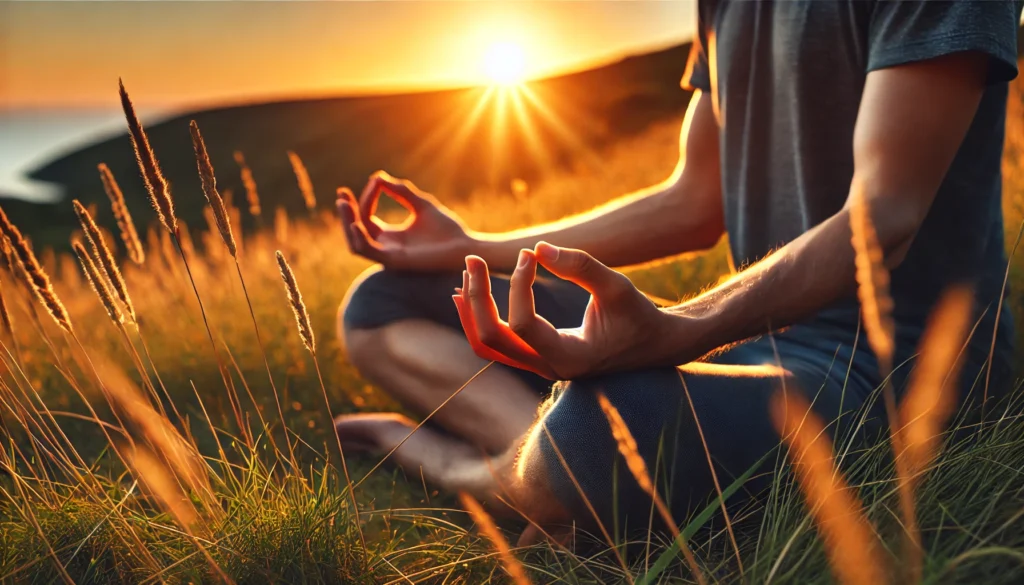 A close-up of a person's hands in a meditative pose, palms facing upward, as they sit cross-legged on a grassy hill at sunset. The warm glow of the sun and peaceful surroundings highlight the power of daily meditation for stress relief.