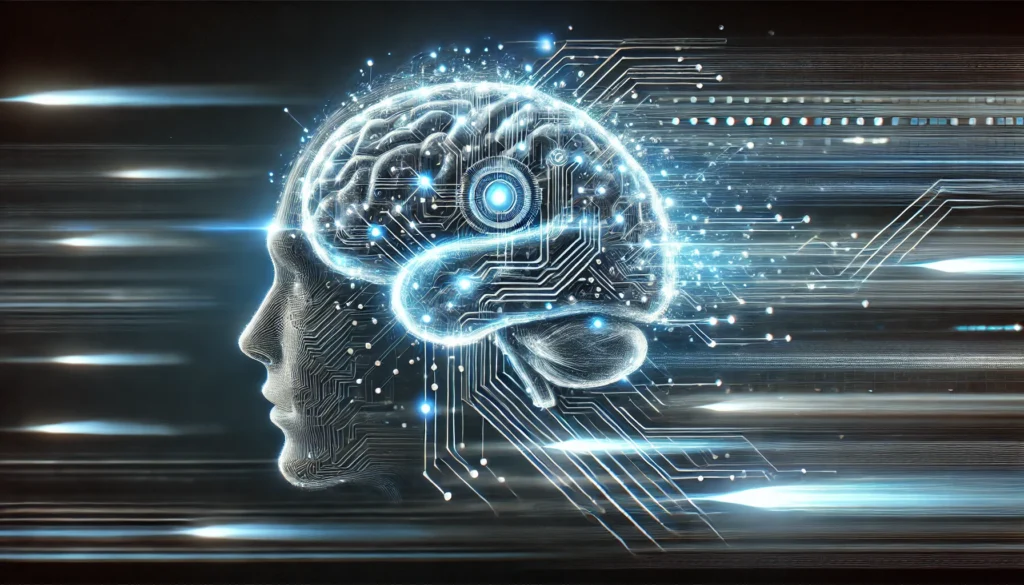 A futuristic depiction of a human brain integrated into a cybernetic system, connected to a digital network. Data streams and glowing circuits surround the brain, symbolizing mental speed, intelligence, and fast information processing.