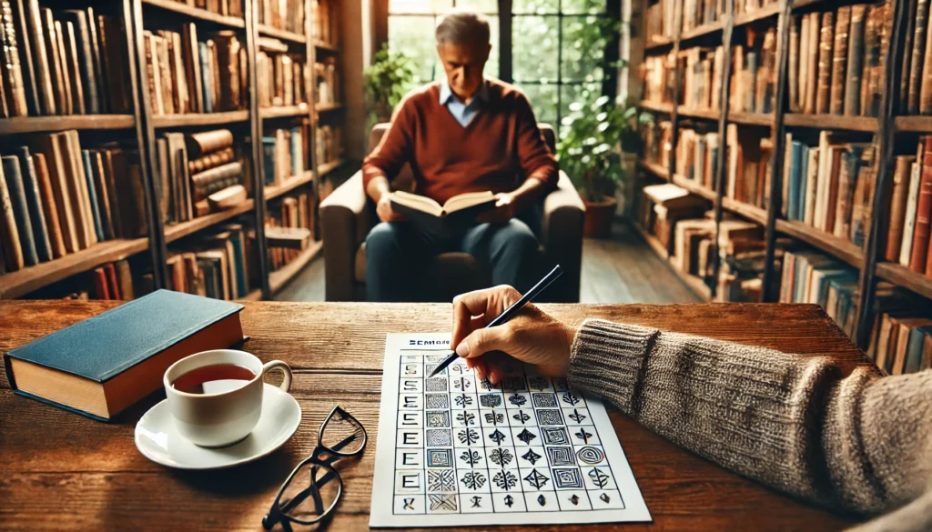 A peaceful library setting where an adult is working on a printed memory worksheet, surrounded by books and a calming atmosphere. Great visual representation for memory worksheets for adults pdf