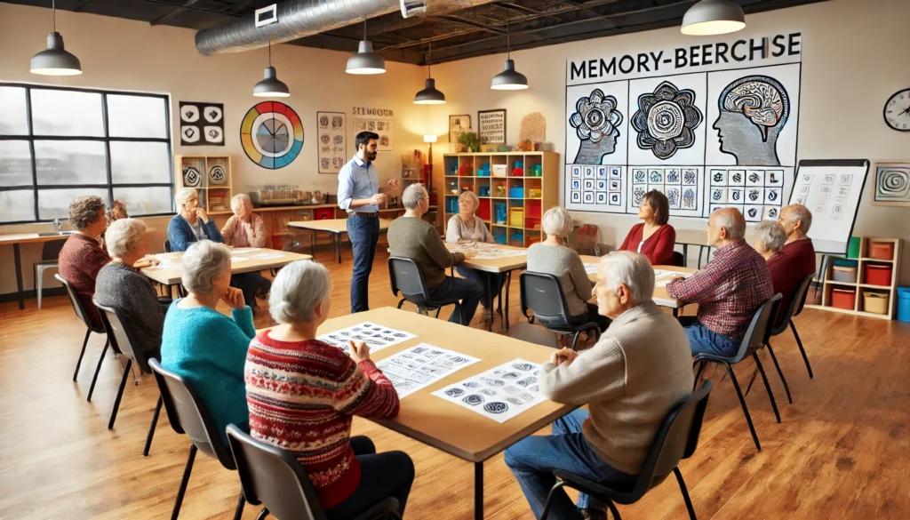 A vibrant community center where adults participate in a memory-boosting workshop using structured worksheets. A perfect depiction of group-based memory worksheets for adults pdf