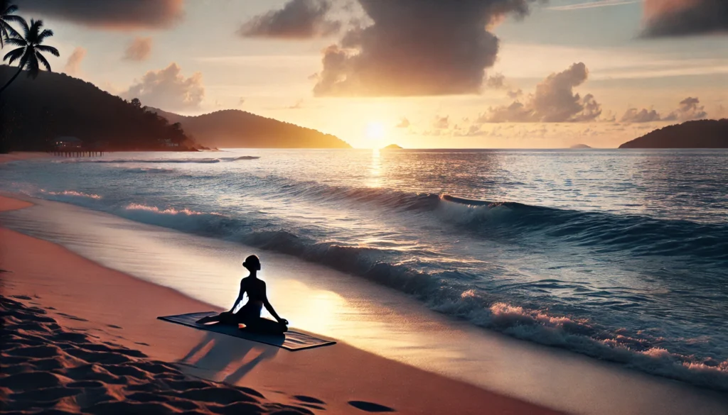 A serene beach at dusk, where gentle waves kiss the shore, and a person is in a yoga pose, engaging in mindful breathing while feeling the ocean breeze.