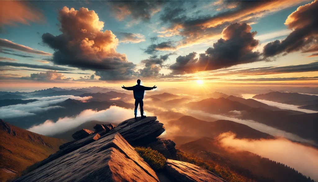 A breathtaking mountain-top at sunrise, where a person stands with arms open, taking a deep breath, surrounded by clouds and vast scenic views, symbolizing mindfulness and tranquility.