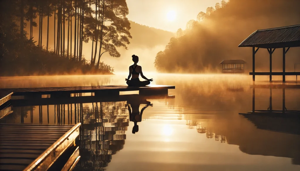 A tranquil lakeside at sunrise with a person practicing yoga on a wooden dock. The still water reflects golden light, while mist rises from the lake, creating a meditative and peaceful atmosphere.