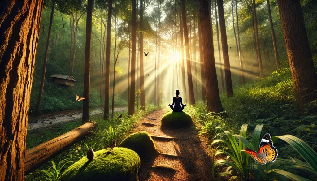 A peaceful forest trail bathed in warm sunlight, where a person sits cross-legged on a mossy rock, meditating. Birds and butterflies surround the lush greenery, fostering mindfulness and deep reflection.