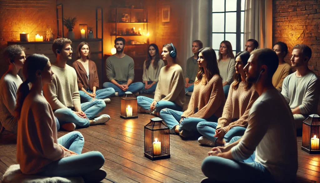 A group of people sitting in a cozy indoor space, engaging in a mindful listening exercise. They sit in pairs, attentively listening to each other with calm expressions. Candles and soft lighting create a warm, intimate atmosphere.