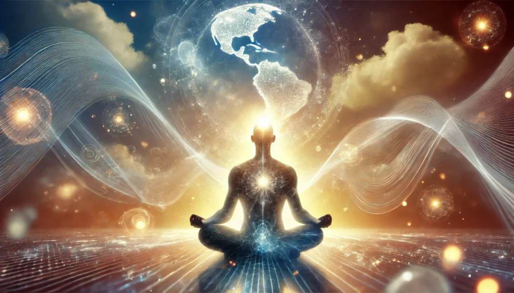 A person sitting cross-legged with their eyes closed, surrounded by a glowing aura of energy waves representing balanced thoughts and emotions. A dreamlike background with floating elements symbolizes heightened awareness and mental clarity.