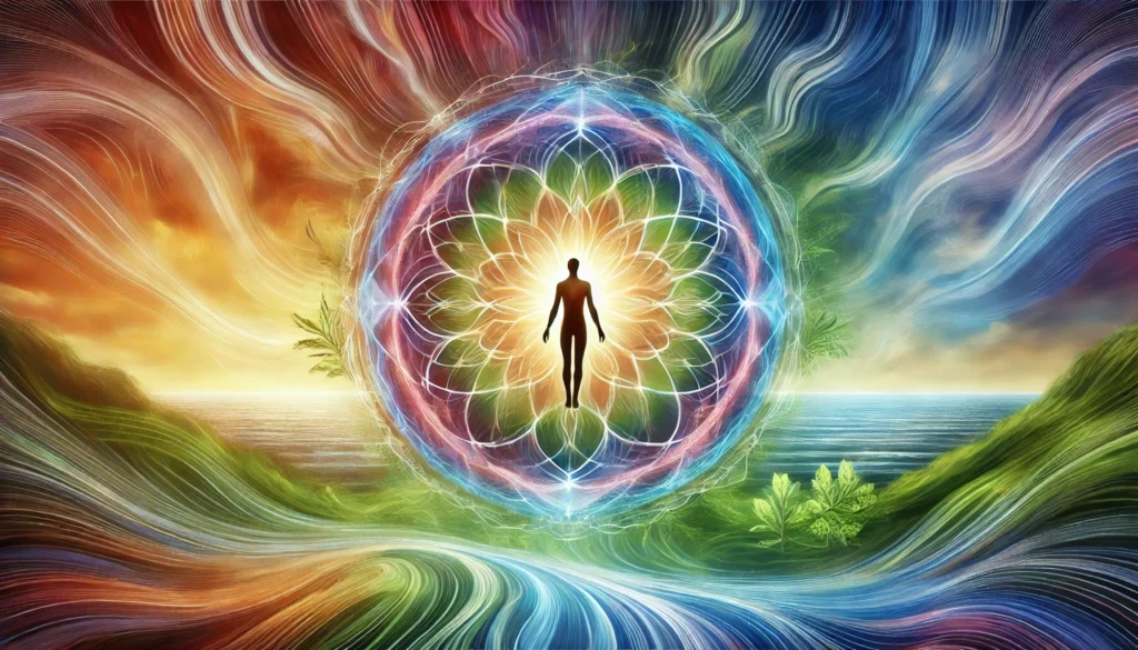 A person standing at the center of a glowing mandala, aligned with a flowing energy stream. The background blends elements of water, sky, and greenery, symbolizing harmony between mind and body, radiating peace and well-being.