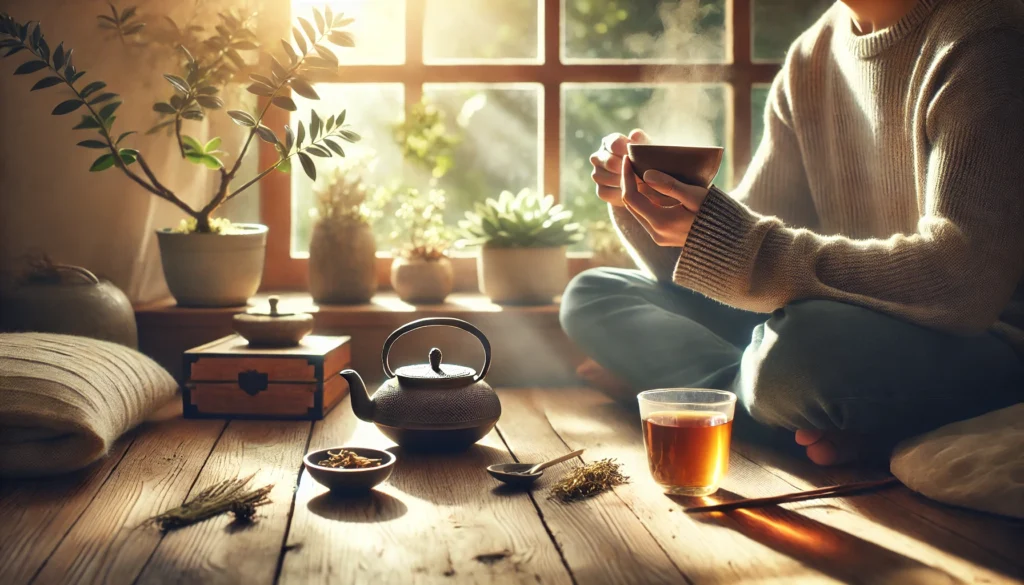 A person sipping tea mindfully, appreciating its warmth and aroma, as soft sunlight streams through a window. The cozy setting includes natural elements like plants and a wooden table, evoking a sense of presence, gratitude, and calm.