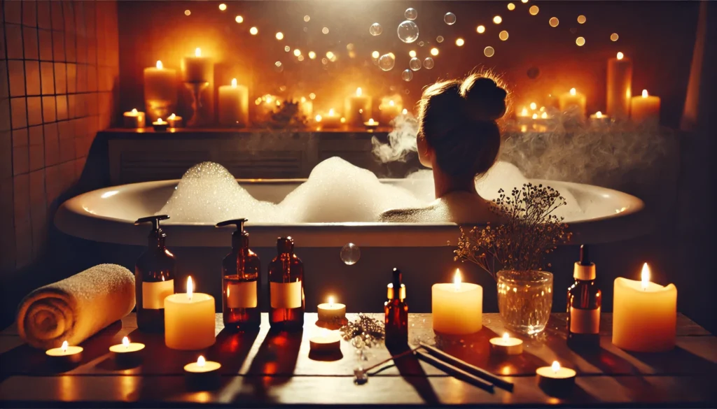 A person enjoying a relaxing bath with warm, soothing bubbles, surrounded by candlelight and essential oils. The gentle steam rises, creating a serene and stress-relieving atmosphere.