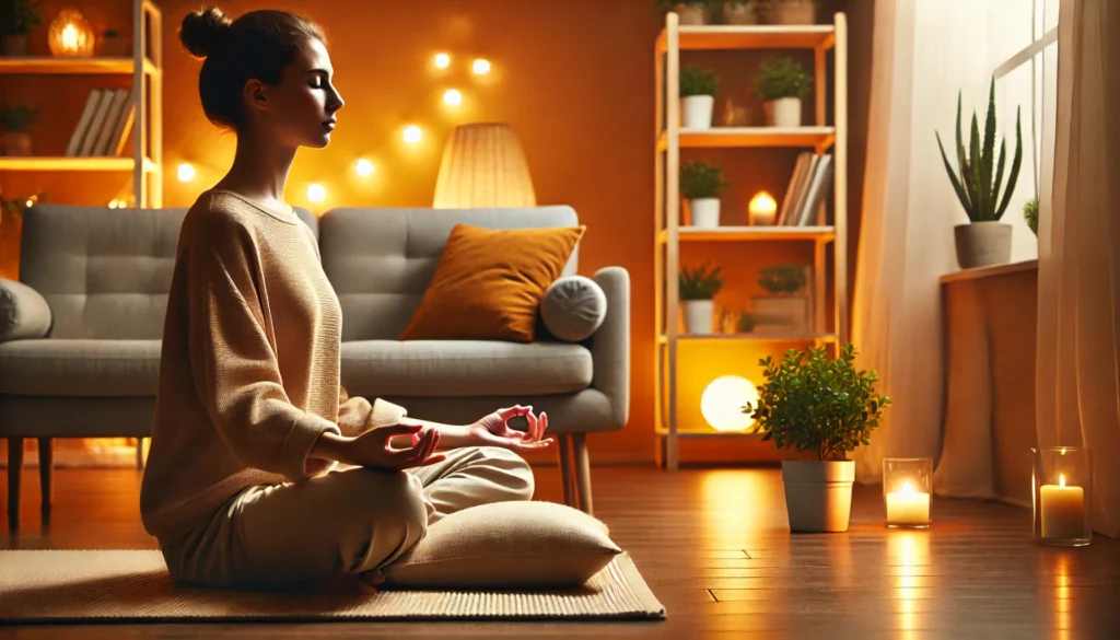 A person sitting cross-legged in a cozy, softly lit room, practicing mindfulness meditation to reduce stress and alleviate body aches.