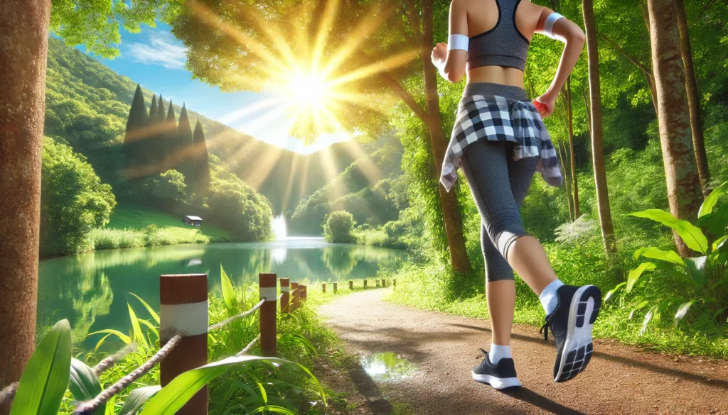 A refreshing outdoor exercise scene featuring a person jogging along a scenic nature trail with bright sunlight and fresh greenery, promoting physical movement as a stress management tool.