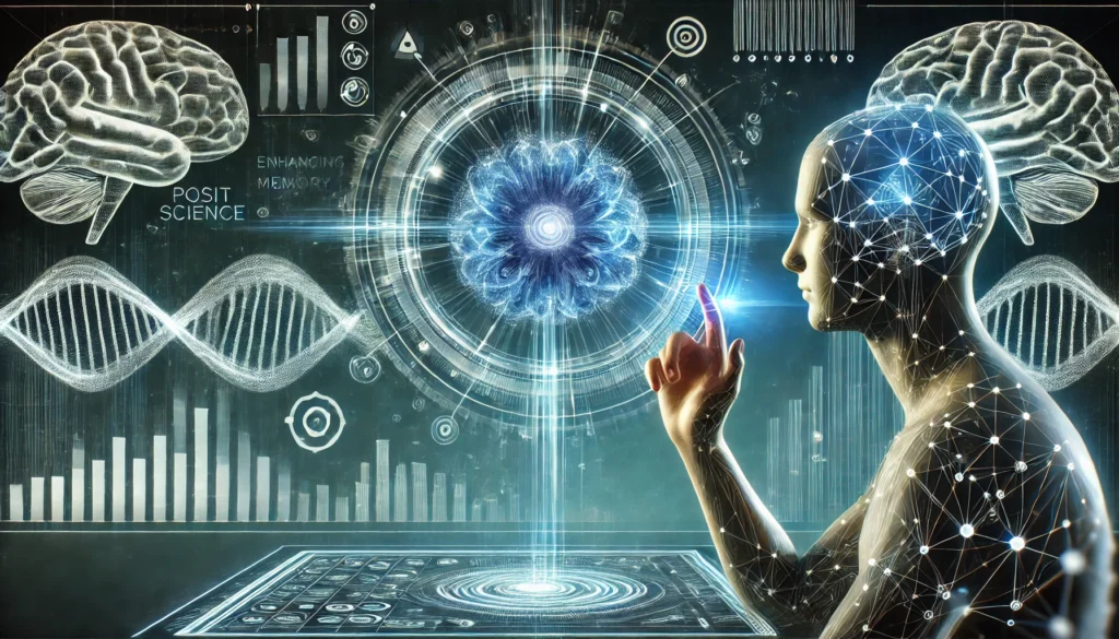 An artistic representation of a person interacting with a high-tech brain training interface, with holographic elements and neural data streams. The scene symbolizes the cognitive benefits of the Posit Science app, enhancing memory, attention, and processing speed.