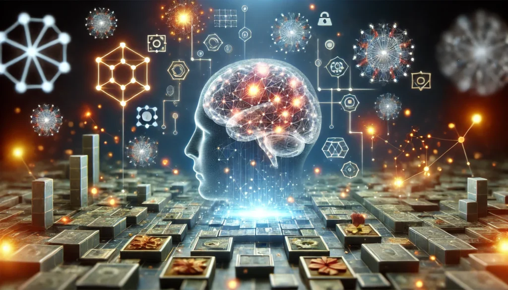 A conceptual visualization of brain training in action, showing a human mind surrounded by floating neural circuits, digital puzzles, and glowing data points. The immersive environment represents the cognitive benefits of the Posit Science app in boosting mental performance and memory retention.