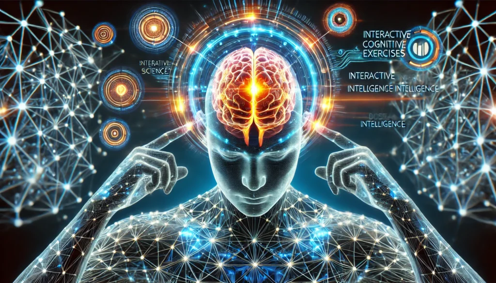 A futuristic and immersive representation of a human brain actively engaging with interactive cognitive exercises. The glowing neural networks and digital intelligence patterns symbolize the Posit Science app's ability to enhance memory, attention, and overall mental performance.