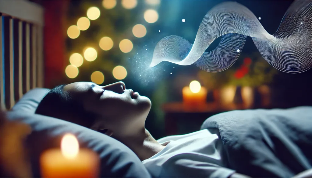 A close-up of a person peacefully inhaling and exhaling in bed, with a glowing breath effect around their nose and mouth. The background is softly blurred, featuring candlelight and a cozy bedroom setting, emphasizing relaxation for better sleep.