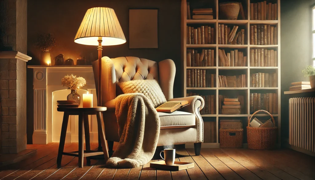 A cozy reading nook with a large armchair draped in a fluffy throw blanket. A warm lamp casts a soft glow over a bookshelf filled with books, while a steaming mug of coffee sits on a side table.