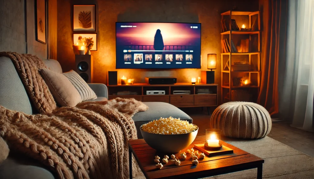 A cozy indoor movie night setting with a soft couch, fluffy blankets, and a big screen displaying a movie. A bowl of popcorn sits on a wooden coffee table, with dim, warm lighting creating a relaxing ambiance.