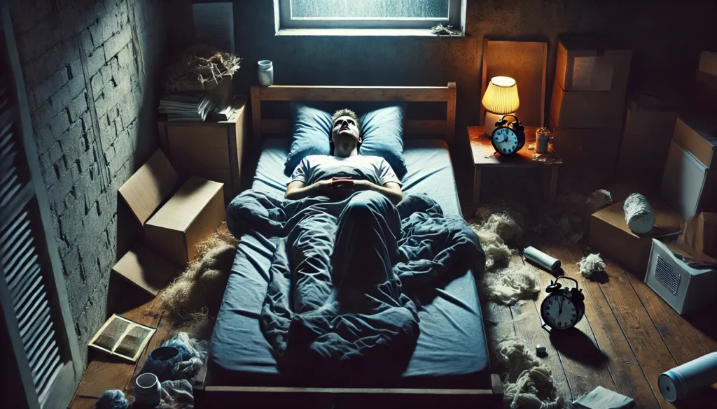 A person lying in bed, staring at the ceiling with tired eyes, surrounded by an unkempt room. The dim lighting and cluttered space reflect mental exhaustion, insomnia, and the effects of burnout.