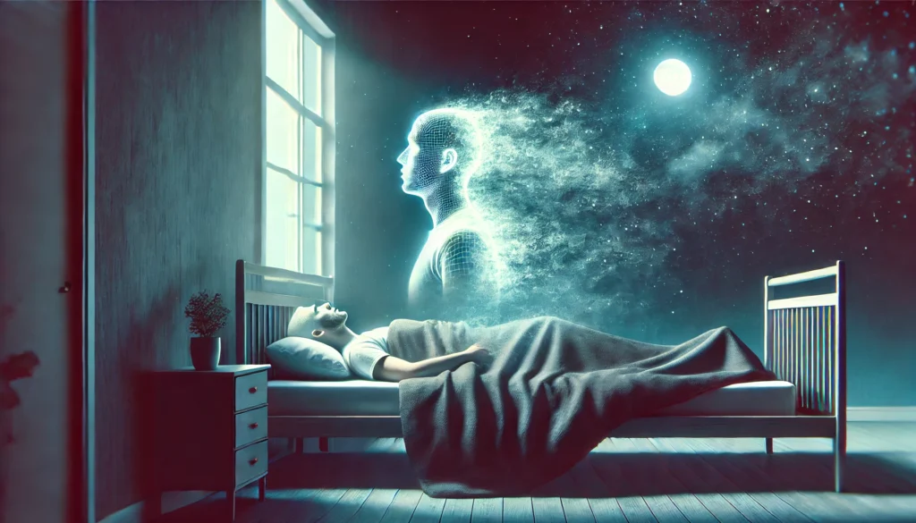 A person in bed with a translucent double rising above, depicting memory loss associated with amnesia sleep