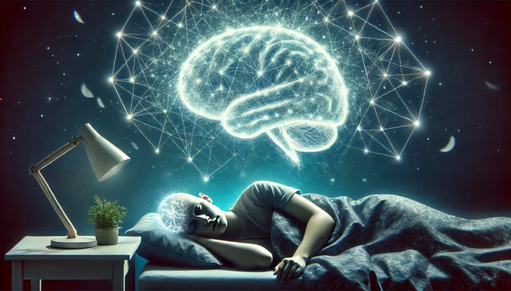 A conceptual illustration of a restless person in bed, with a transparent brain filled with chaotic, fragmented thoughts, depicting disrupted neural activity due to lack of sleep