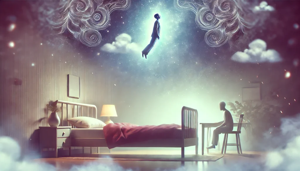 A floating figure above their own bed, symbolizing the memory gaps caused by amnesia sleep