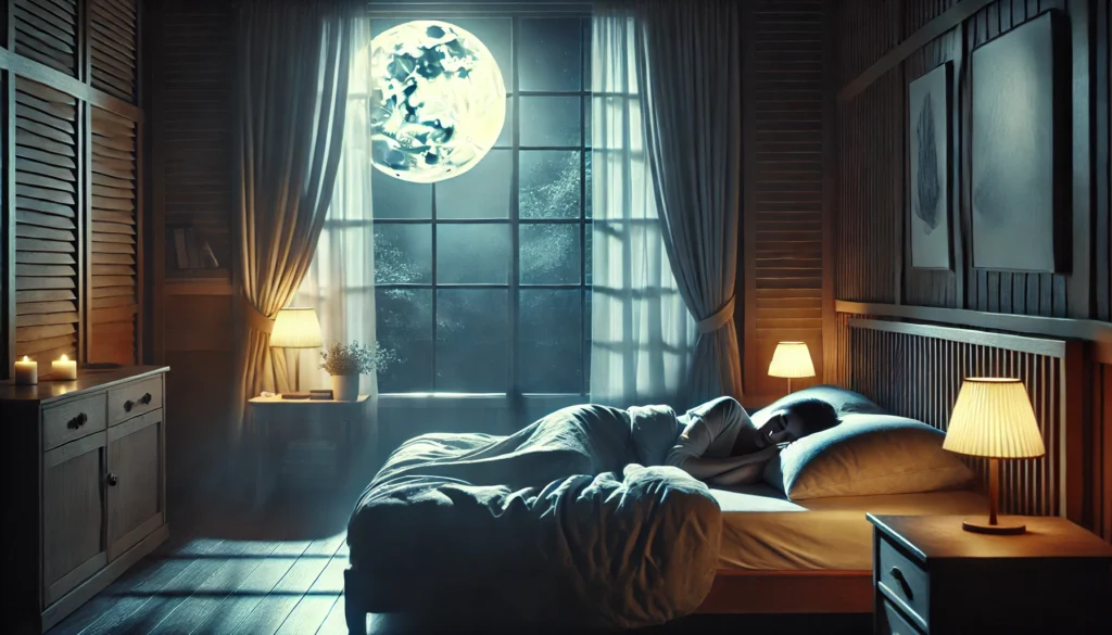 A peaceful bedroom with a person sleeping soundly in a comfortable bed, illuminated by soft moonlight through a window. The scene conveys deep, healthy sleep with a cozy atmosphere, emphasizing rest and relaxation.