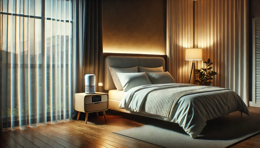 A tranquil bedroom featuring a modern sleep-friendly setup: blackout curtains, a comfortable bed, and a white noise machine on a nightstand. The room has a calming ambiance with warm lighting, promoting healthy sleep habits.