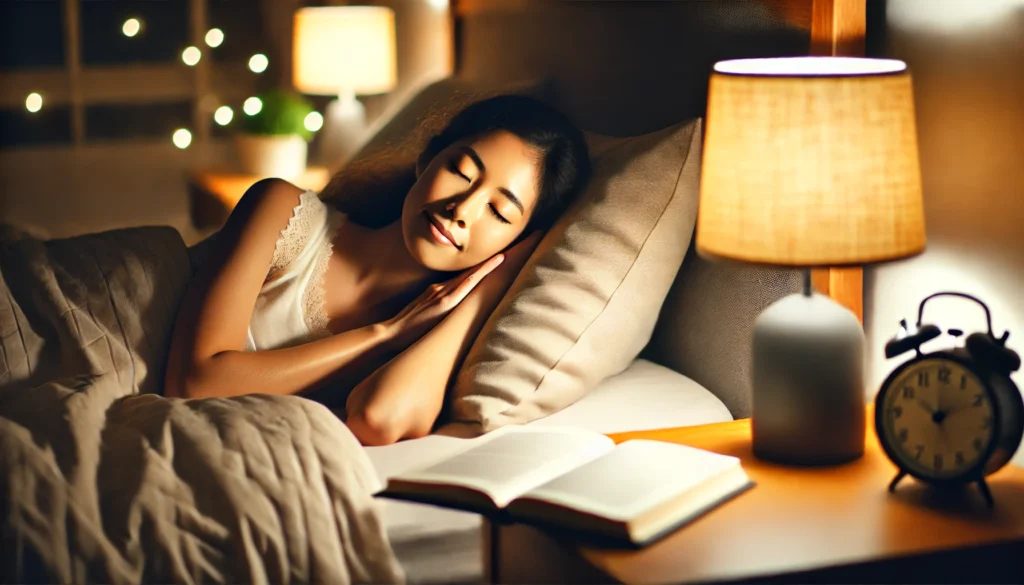 A person enjoying a restful night's sleep with a relaxed expression, illuminated by soft bedside lighting. The cozy bedroom setting includes a book on the nightstand, symbolizing a calming bedtime routine for healthy sleep.