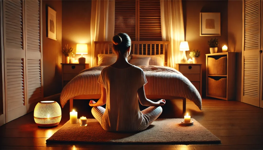 A cozy nighttime setting with a person peacefully meditating before bed, sitting cross-legged on a soft rug in a dimly lit bedroom. The ambiance includes warm candlelight and a diffuser, promoting relaxation for a healthy sleep routine.