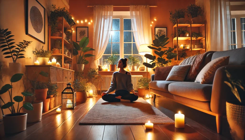 A cozy indoor setting with a person practicing deep breathing exercises on a comfortable couch, surrounded by soft lighting, houseplants, and a warm, peaceful atmosphere.