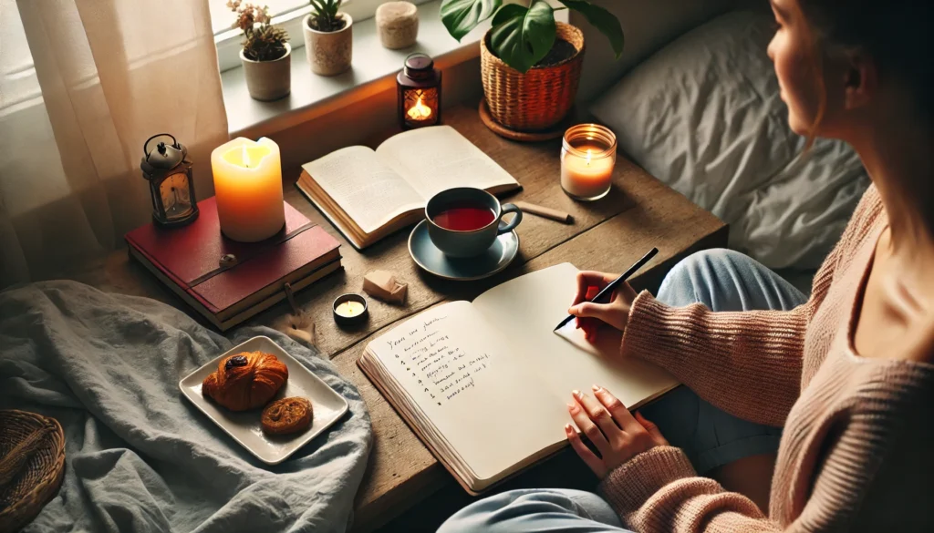 A cozy home workspace with a person journaling in a notebook, accompanied by a cup of tea, a candle, and soft lighting, fostering self-reflection and stress relief.